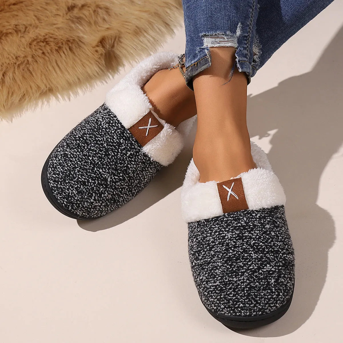 Winter plush thick bottom anti-slip house slippers in burgundy, black, and light gray for men and women
