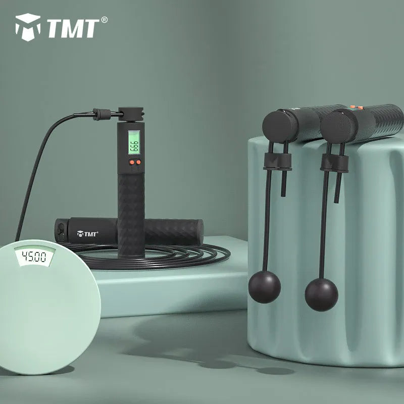TMT electronic wireless skipping rope with digital counter, silicone handle, 3m adjustable cord, and two weight balls