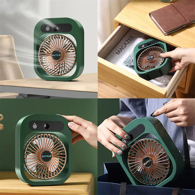 Green and white USB portable desk misting fan with humidifier function and adjustable wind direction