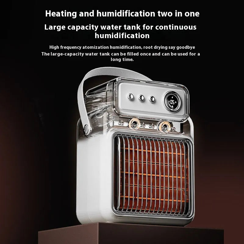 White portable table heater with humidifier function and digital control panel.