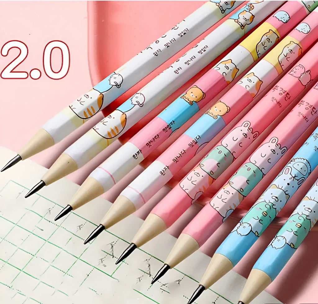 Children's mechanical pencils with cartoon designs showing 2.0 mm lead thickness for school writing