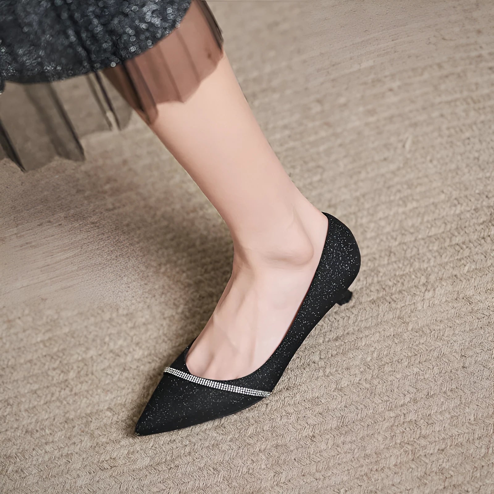 Black French style women's high heels with sequined upper and 7cm stiletto heel