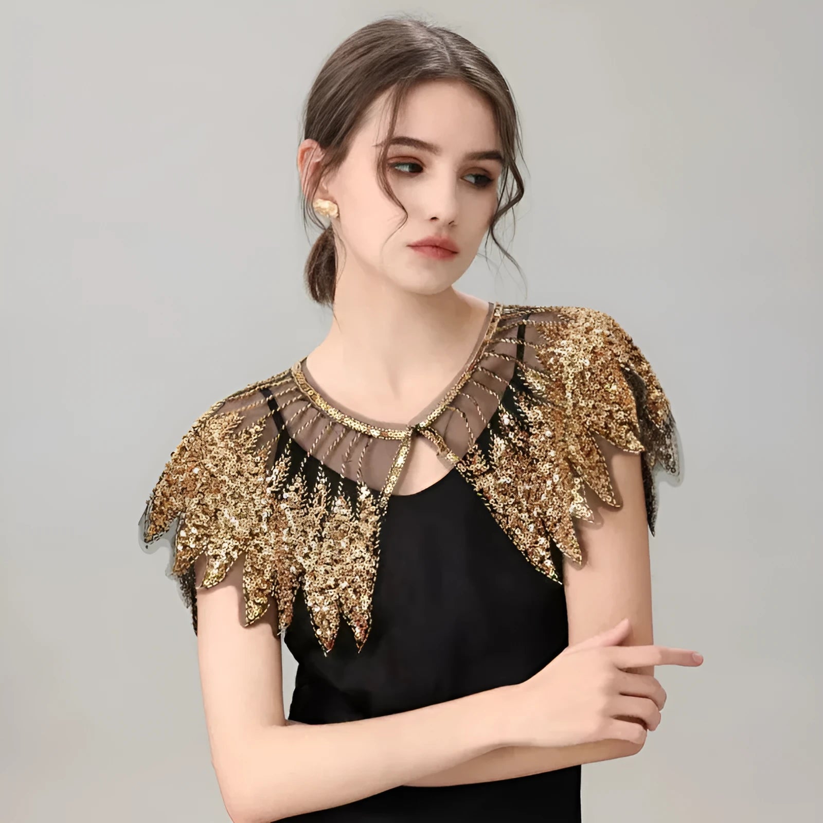 Champagne polyester bridal front and rear shawl draped over shoulders for wedding wear