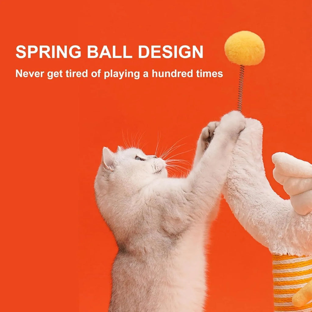 Yellow sisal cat scratching post with spring ball and U-shaped curved design