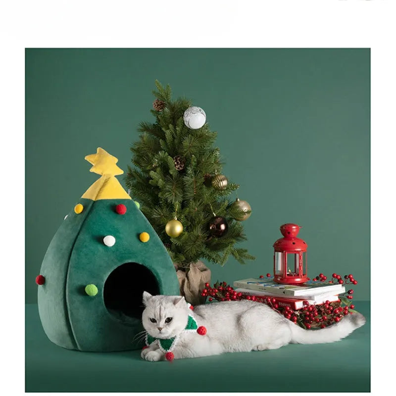 Christmas tree styled cave pet bed with plush teddy fabric and detachable cover in three size options