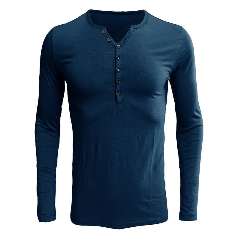 Blue men's long sleeve cotton blend T-shirt with a Henry neck on a hanger.