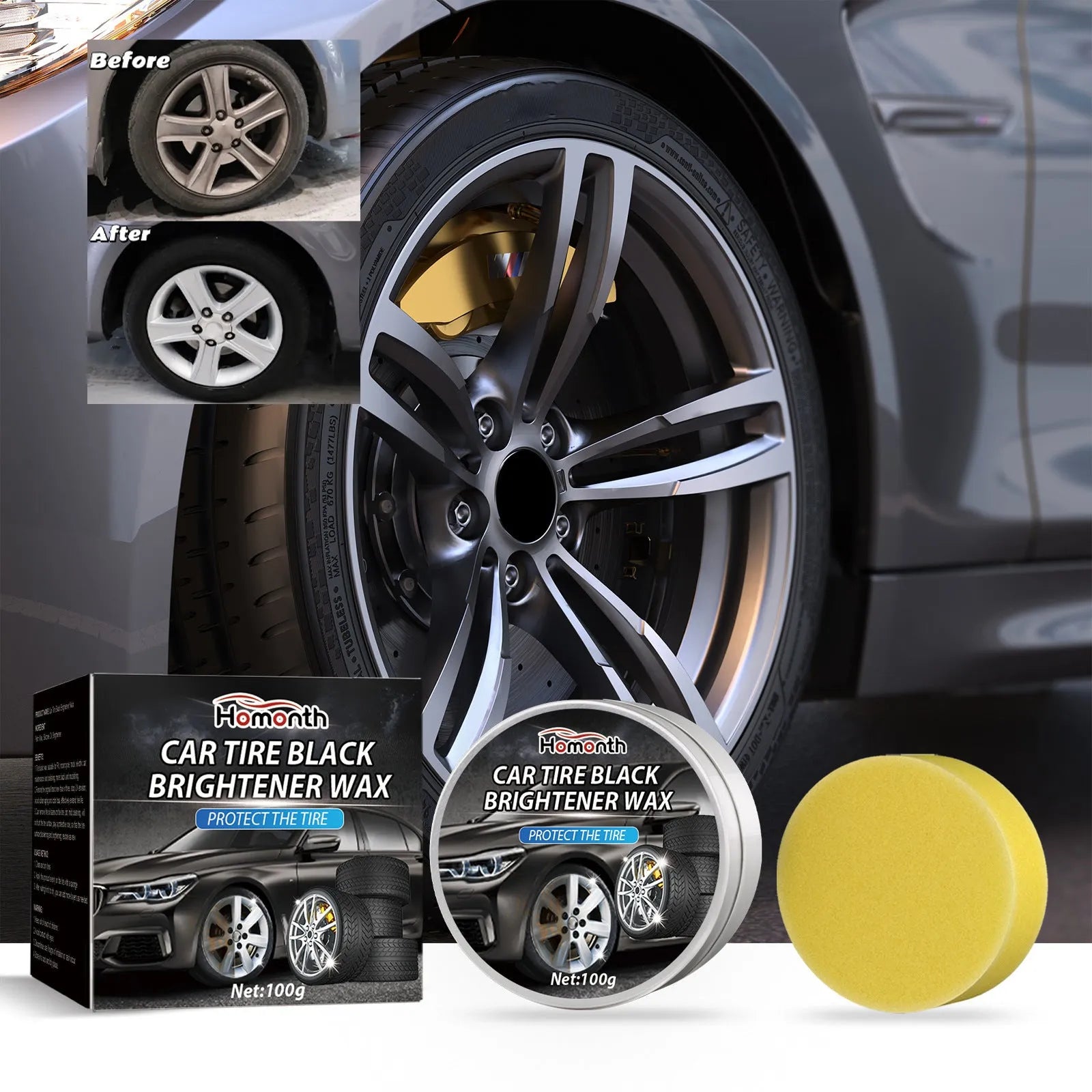 100g car tyre retreading wax in a pot with a white sponge applicator for wheel renovation