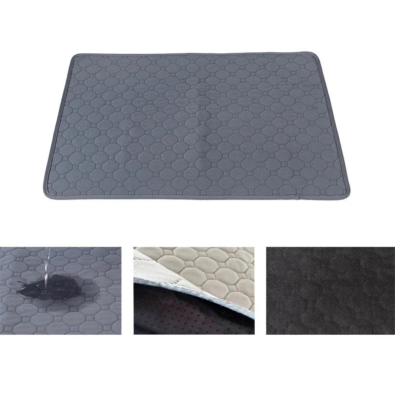 Washable dog pee pads in grey and tan colours showing waterproof backing and triple-stitch edges