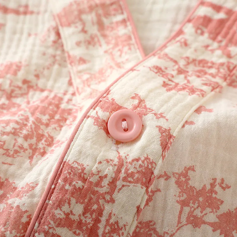 Women's pink pure cotton gauze two-piece suit with lace-up long sleeve top and full-length trousers.