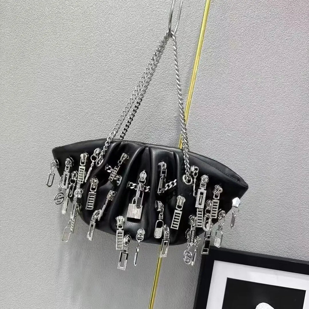 Niche chain cloud shoulder crossbody metal handbag in PU with dumbbell shape, chain and lock details, street trend style