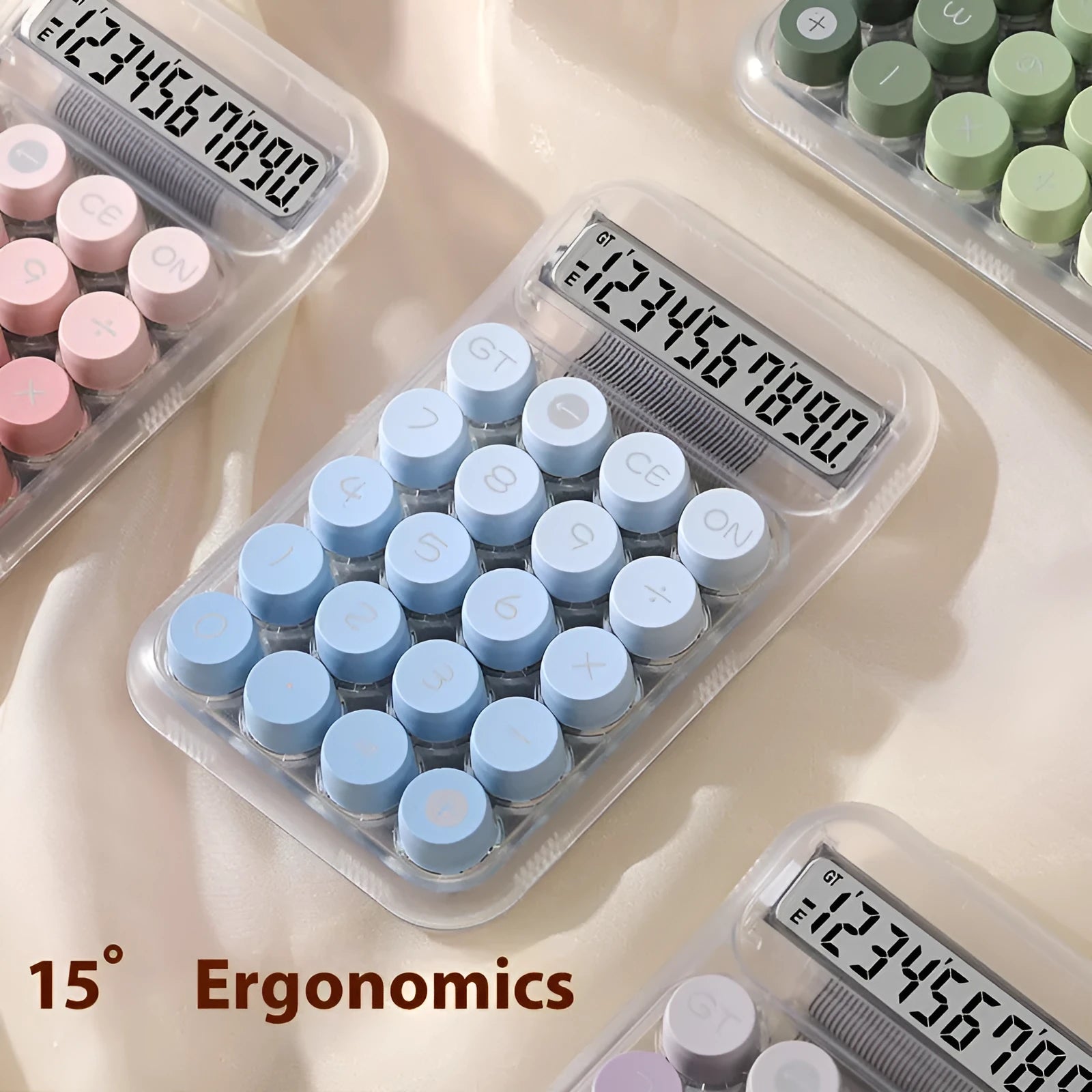 Round mechanical calculator with gradient colour keys in mute blue, green, pink, or purple
