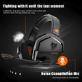 Black orange wireless gaming headset with head-mounted design and dual USB/Bluetooth connectivity