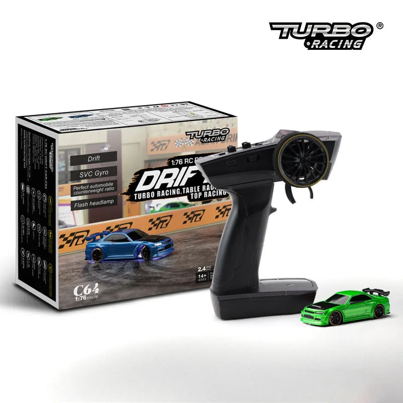 Blue Turbo Racing C64 1:76 scale gyro RC drift car with P21-SVC remote control