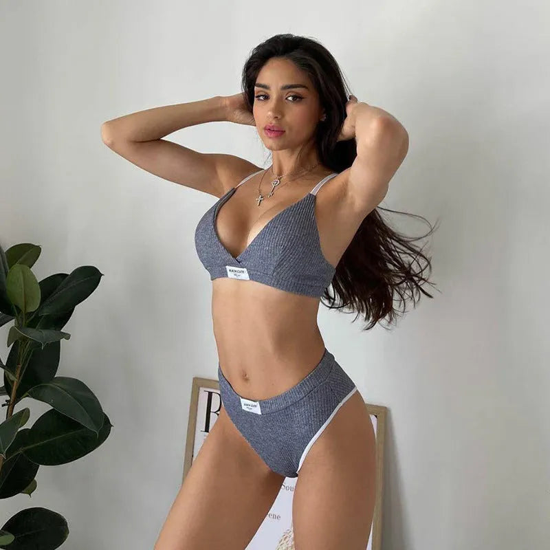 Women's grey embroidery contrast binding bikini set with sleeveless top and shorts-length pants