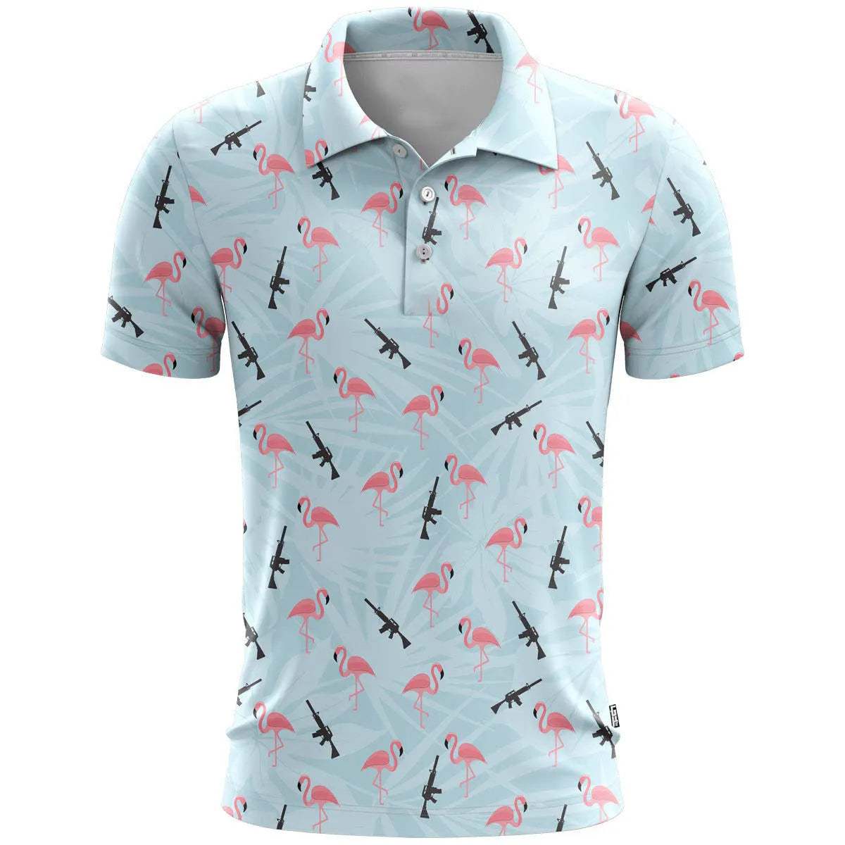 Man wearing a loose-fit grey 3D printed short sleeve sports T-shirt made from bird eye cloth.