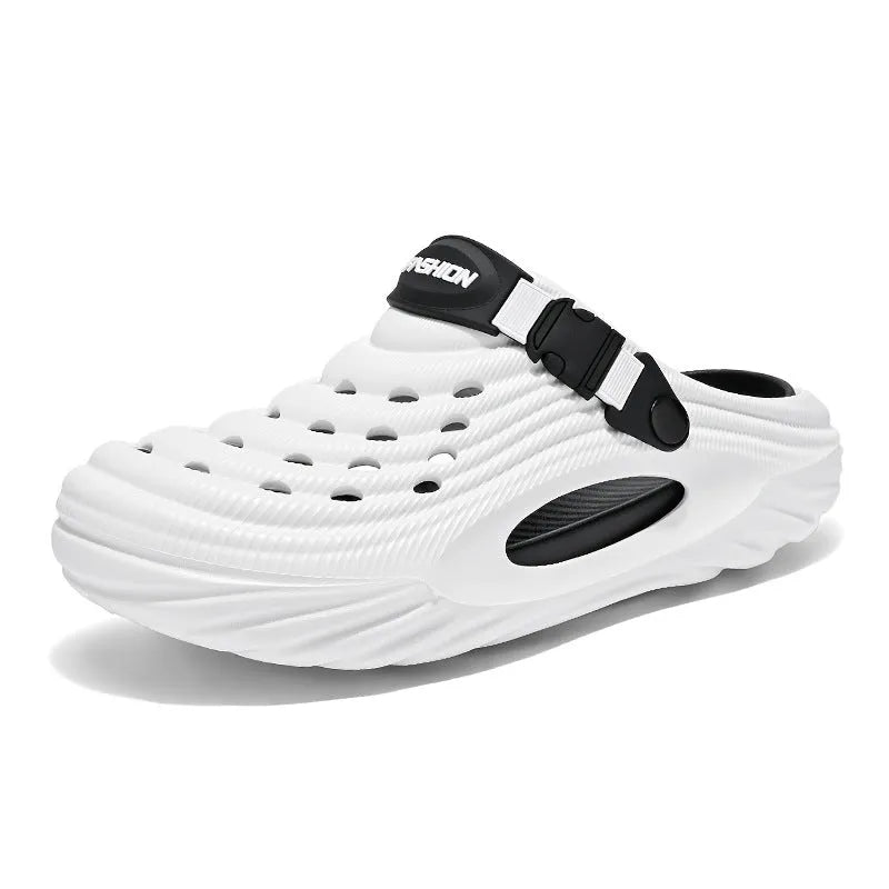 Men's solid colour EVA platform slippers with hollow-out design, shown in light green.