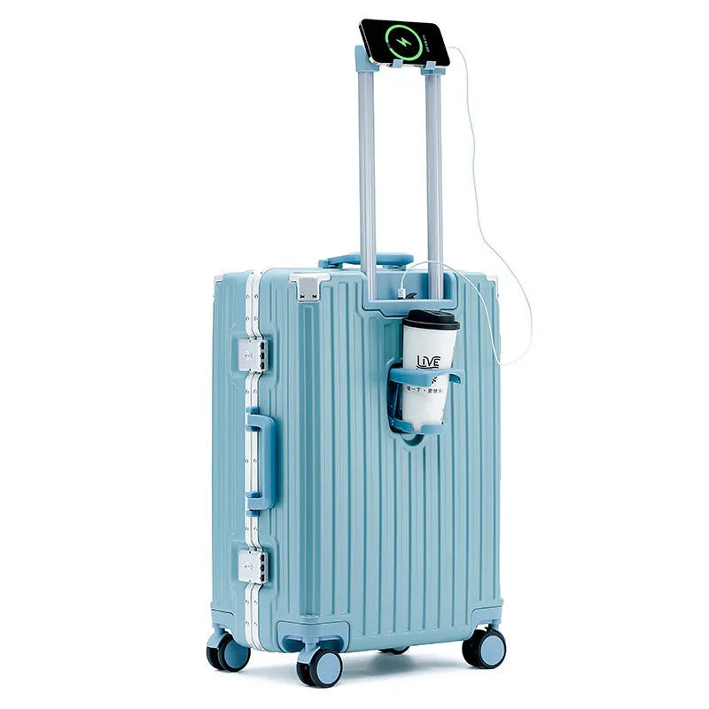 Hard shell aluminium frame luggage in avocado green with USB port and universal wheels.