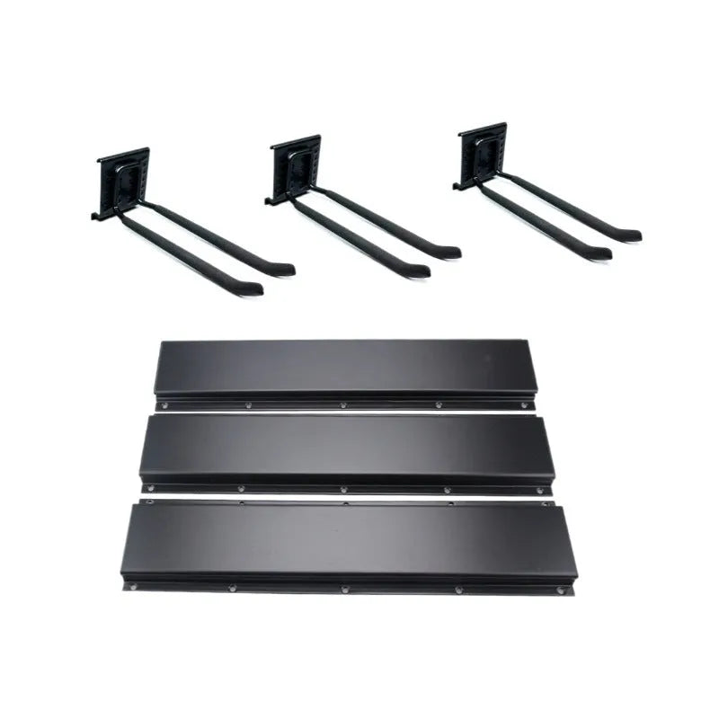 Heavy-duty carbon steel garage wall hook system with removable base plate and multiple hook options for tool storage