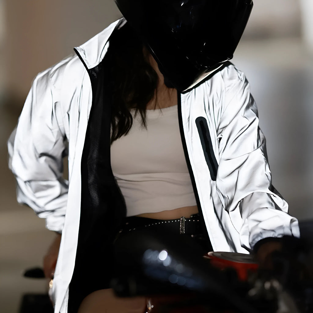Silver waterproof polyester windproof long sleeved top showing front view