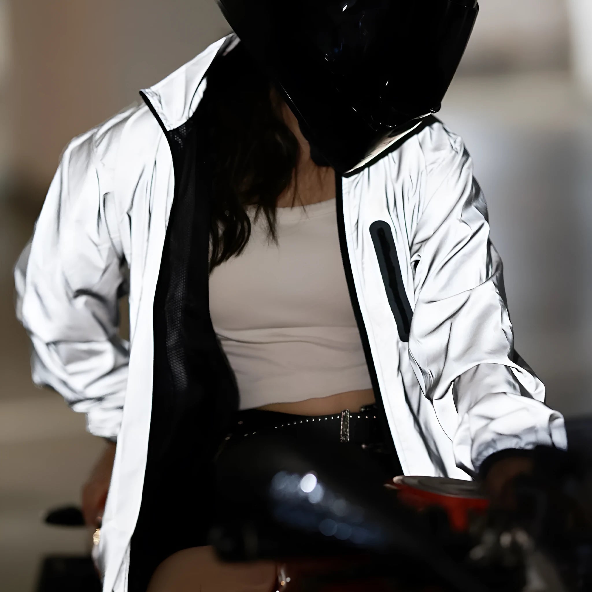Silver waterproof polyester windproof long sleeved top showing front view