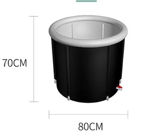 Black inflatable portable ice bath tub with elasticated weather lid, shown at 70x80cm size.