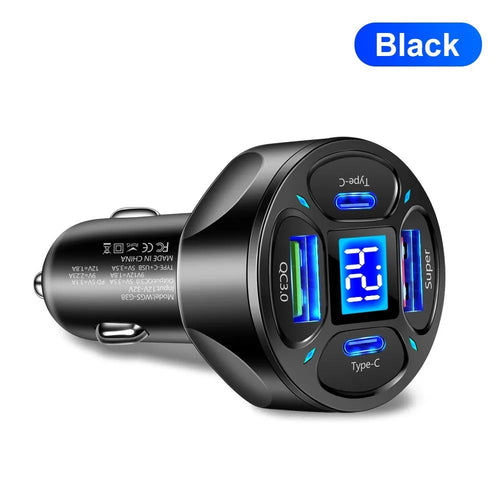 66W digital display car charger with 2USB and 2Type-C ports for fast charging