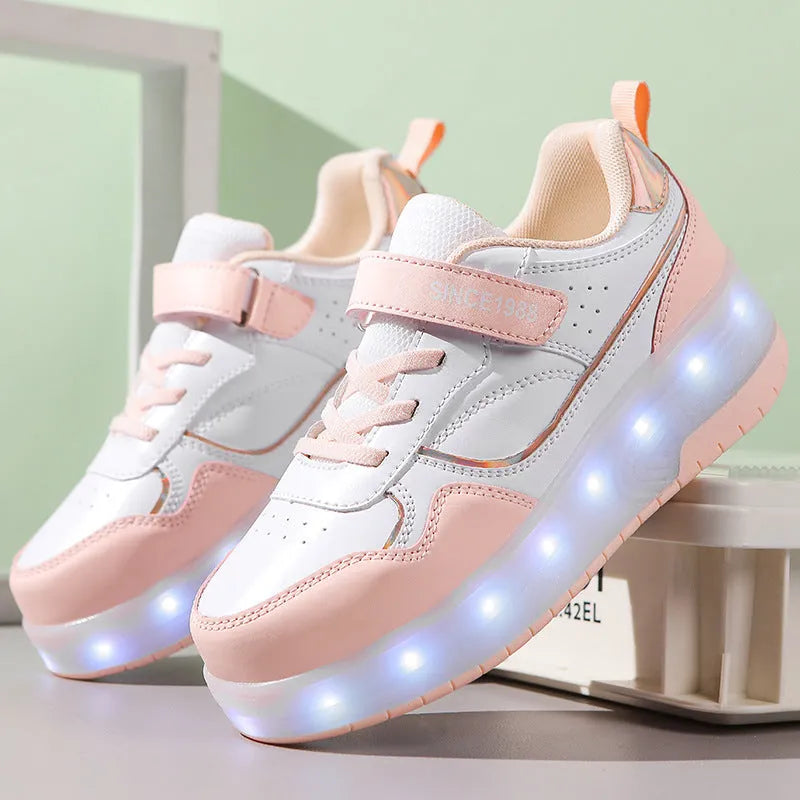 Children's LED flash rollerskates showing 2-wheel and 4-wheel models in multiple colours with illuminated wheels