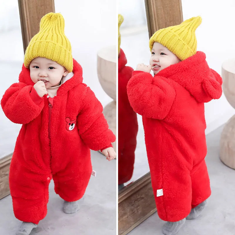Flannel newborn baby jumpsuit with zipper in Zipper Bear Blue, suitable for 59-90cm height