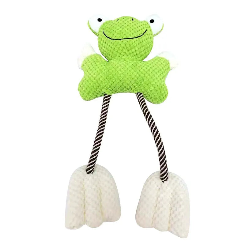 Bite-resistant pet vocal toy plush with squeaker in corduroy and cotton rope, available in Crooked Neck, Fawn, and Frog colours