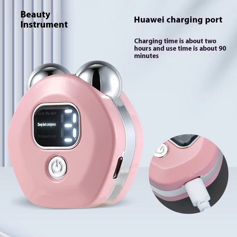 Portable white microcurrent facial massager with dual rollers and charging cable.