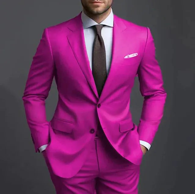 Business casual men's slim fit two-piece suit set in blue with jacket and trousers on mannequin