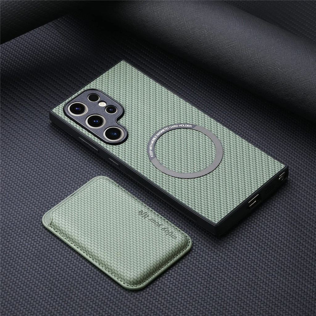 Leather phone case with built-in suction Magsafe card holder for Samsung, available in black, green, and brown.