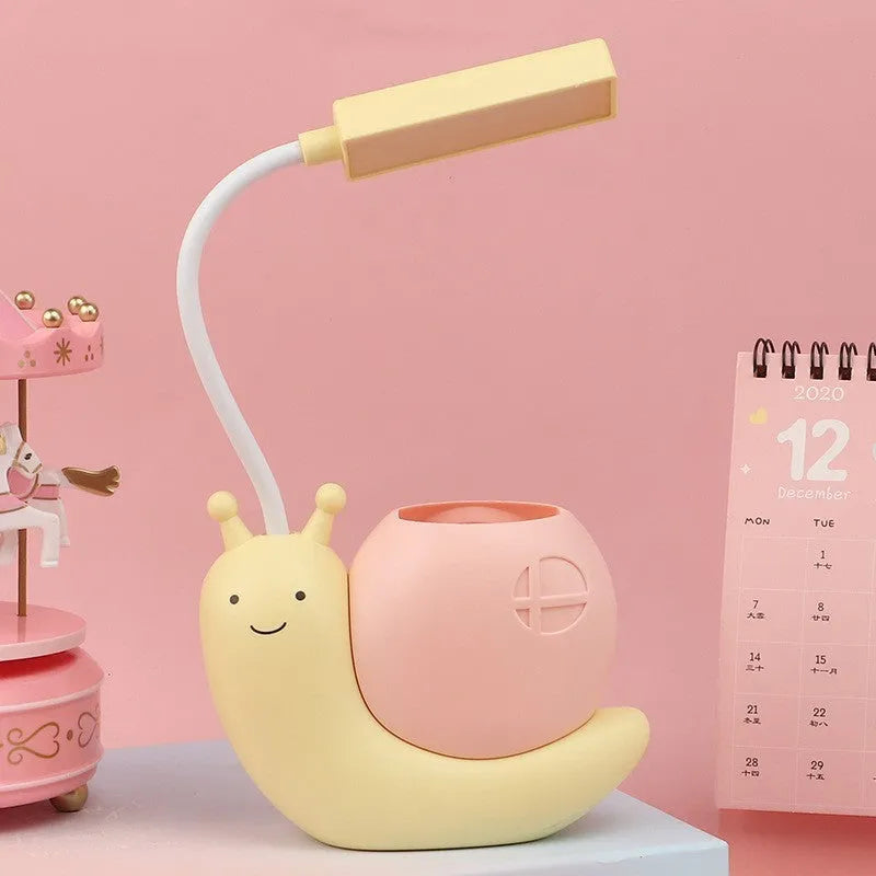 LED eye protection desk lamp for students, USB powered, compact plastic body, available in blue pink yellow