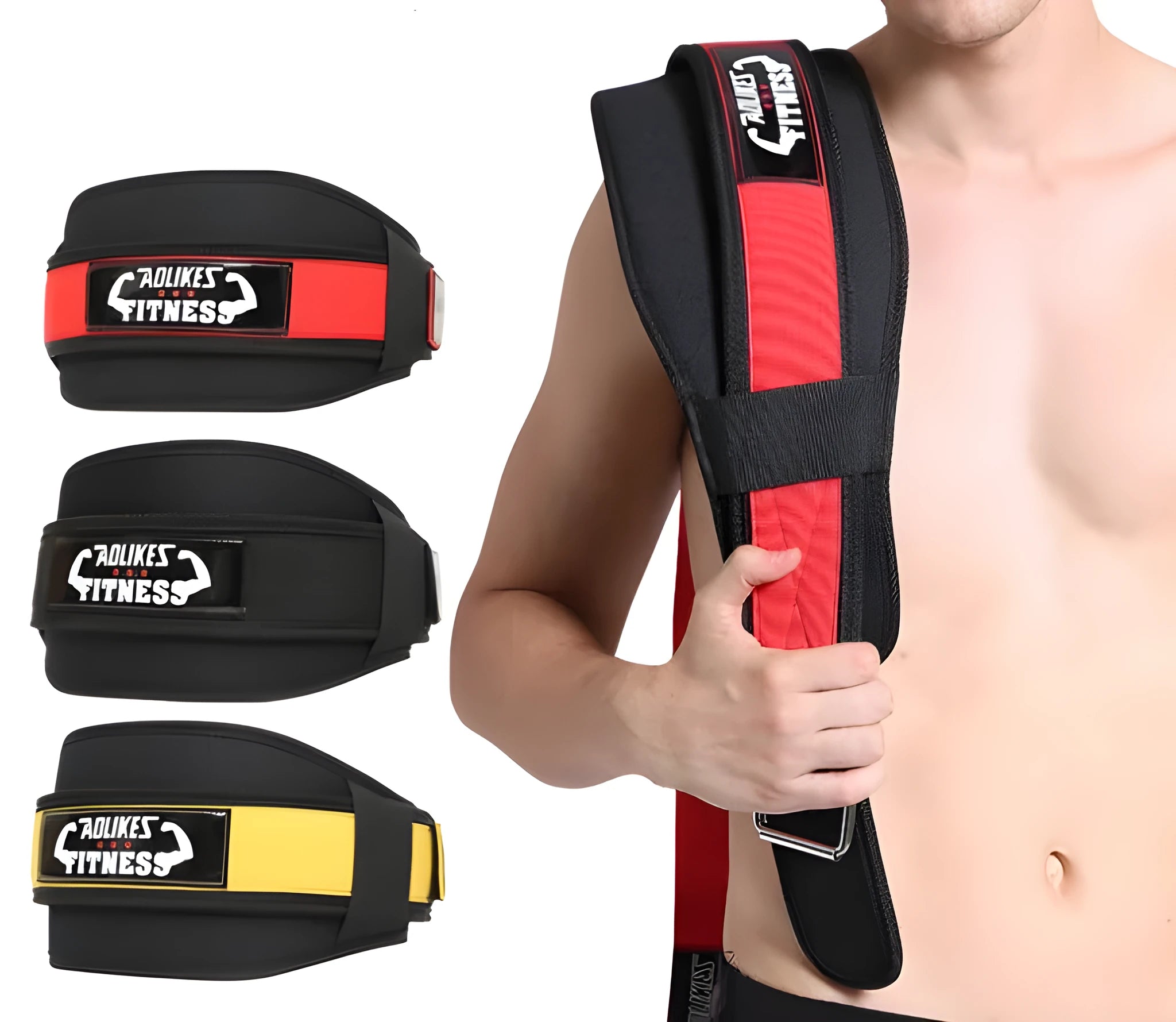 Black nylon fitness weightlifting waistband shown on an adult, adjustable and designed for support.