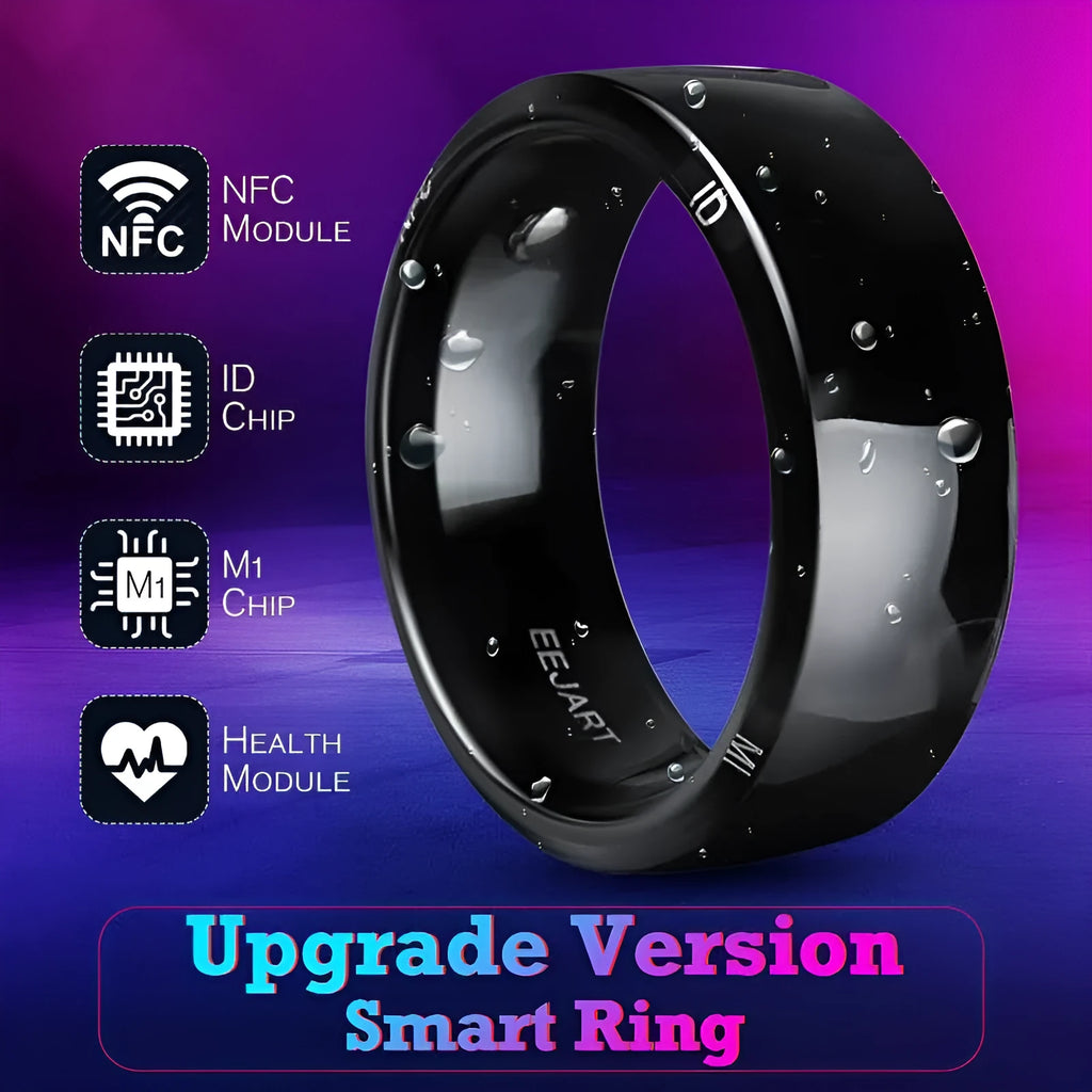 Black Android NFC smart ring with dimensions 22x22x7.9mm on a finger