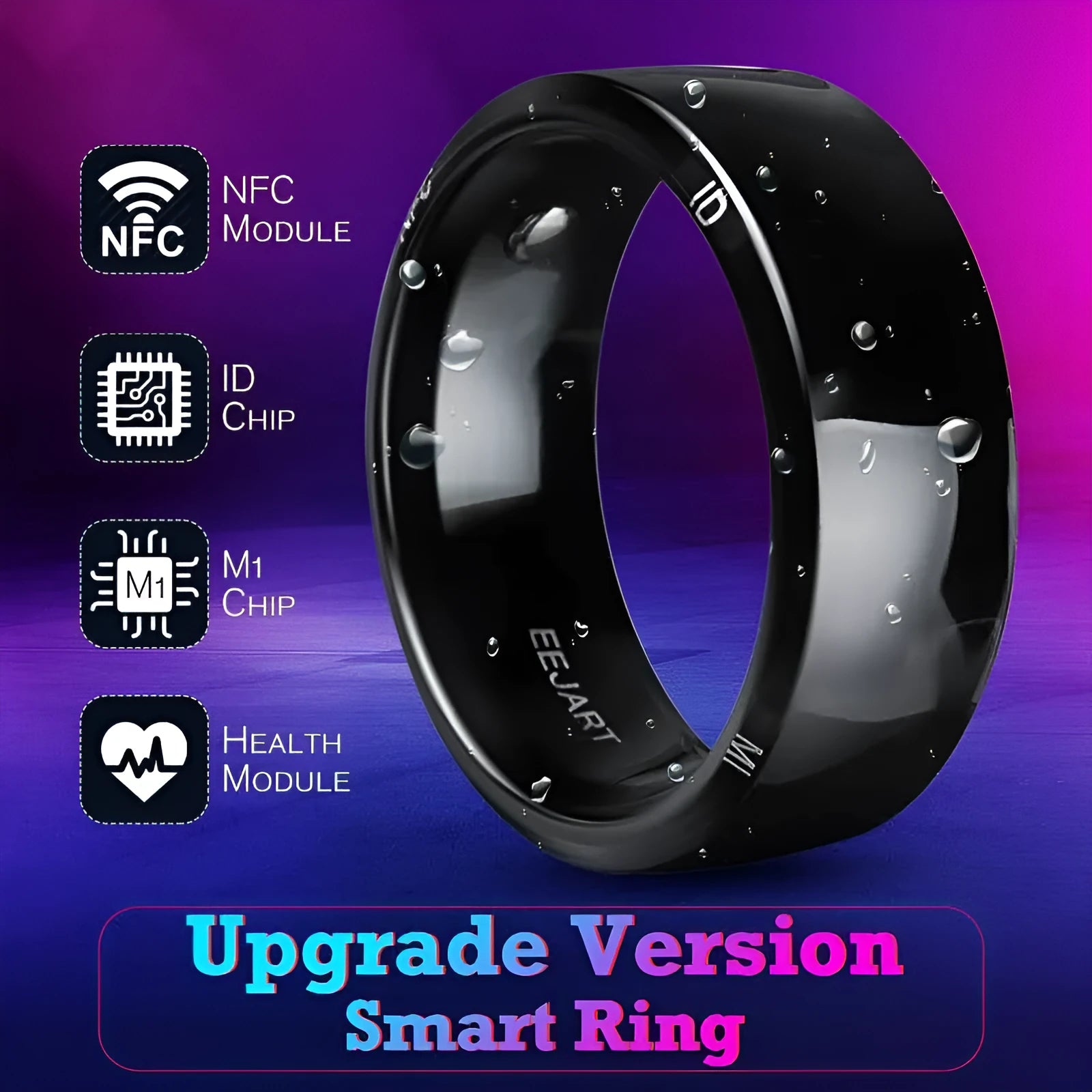 Black Android NFC smart ring with dimensions 22x22x7.9mm on a finger