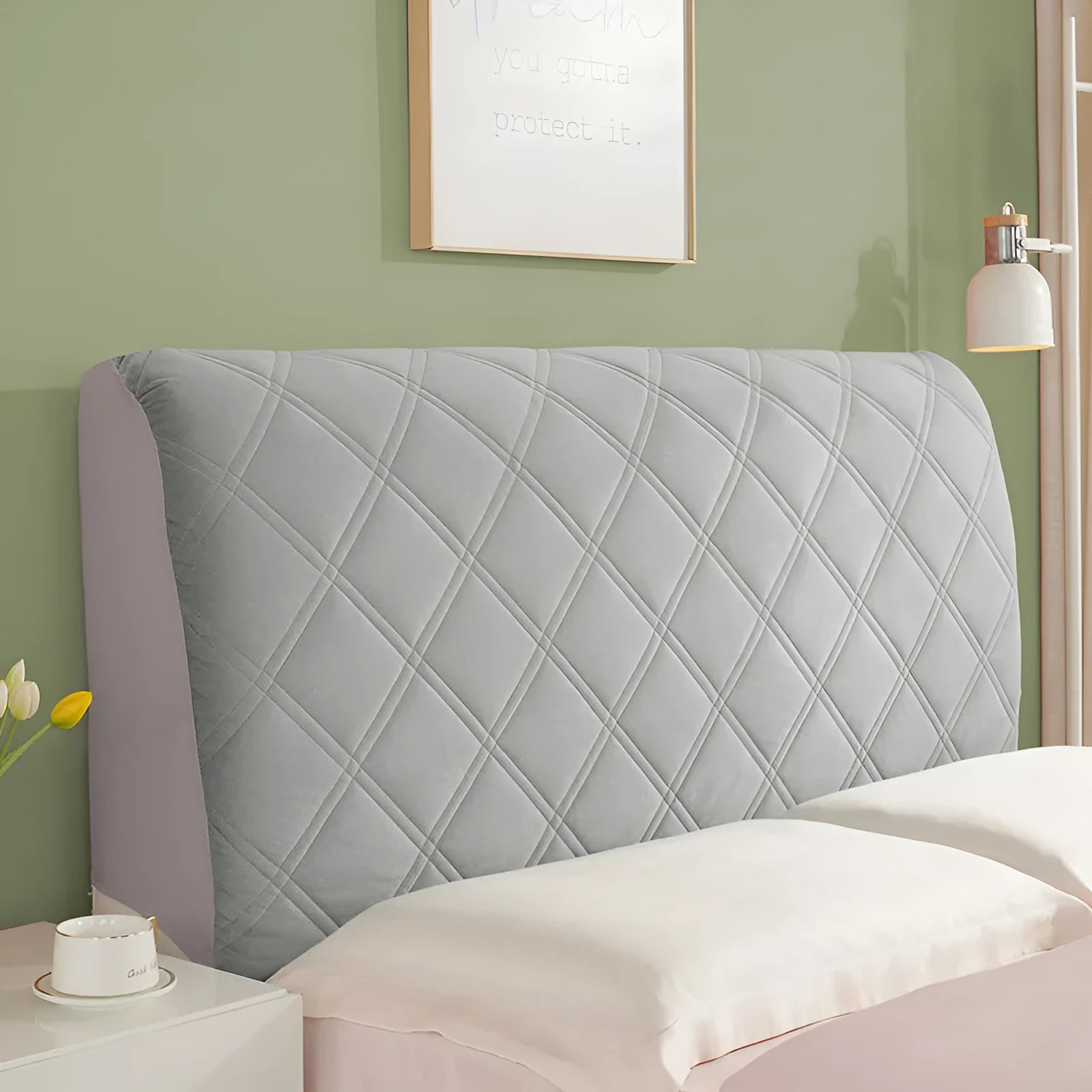 Crystal velvet bed cover in beige suede plaid pattern with cotton thickened padding for headboard fit