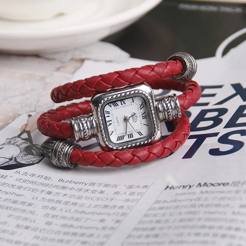 Snake bracelet quartz watch with leather strap and alloy buckle in black colour option