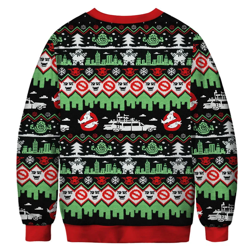 Christmas print sweater long sleeve polyester pullover in red and green pattern, front view