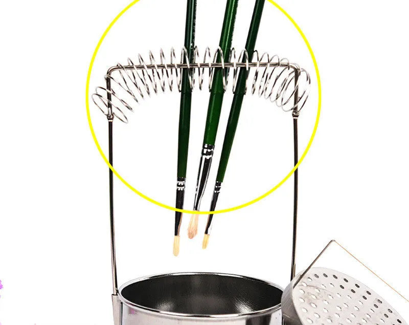 Silver stainless steel oil painting brush cleaning tank with spring clamp and leaking plugs
