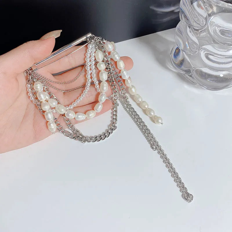 Korean style tassel pearl pin brooch with gold tassel, electroplated alloy finish
