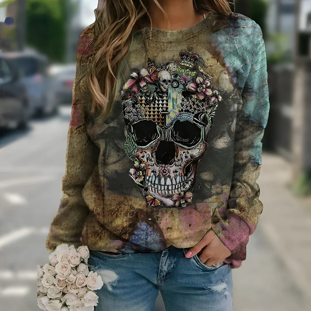 Black long sleeve sweatshirt with skull print design on polyester knit fabric