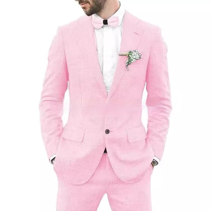 Men's slim fit suit jacket and trousers in hemp blend linen fabric for wedding and business wear