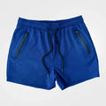 Men's blue casual sports shorts with a mid-waist fit, made from quick-drying polyester fabric.