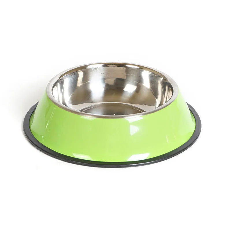 Stainless steel and colourful melamine dual pet bowl with non-slip base for food and water feeding