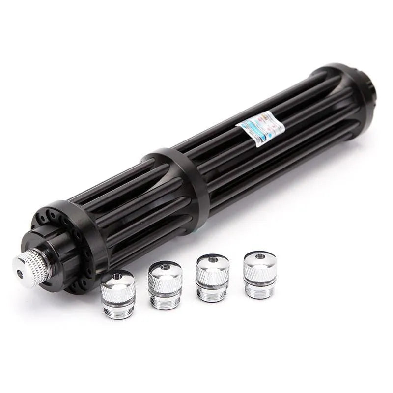 Black anodised aluminium laser torch with blue laser beam, showing tail switch and 168mm length.