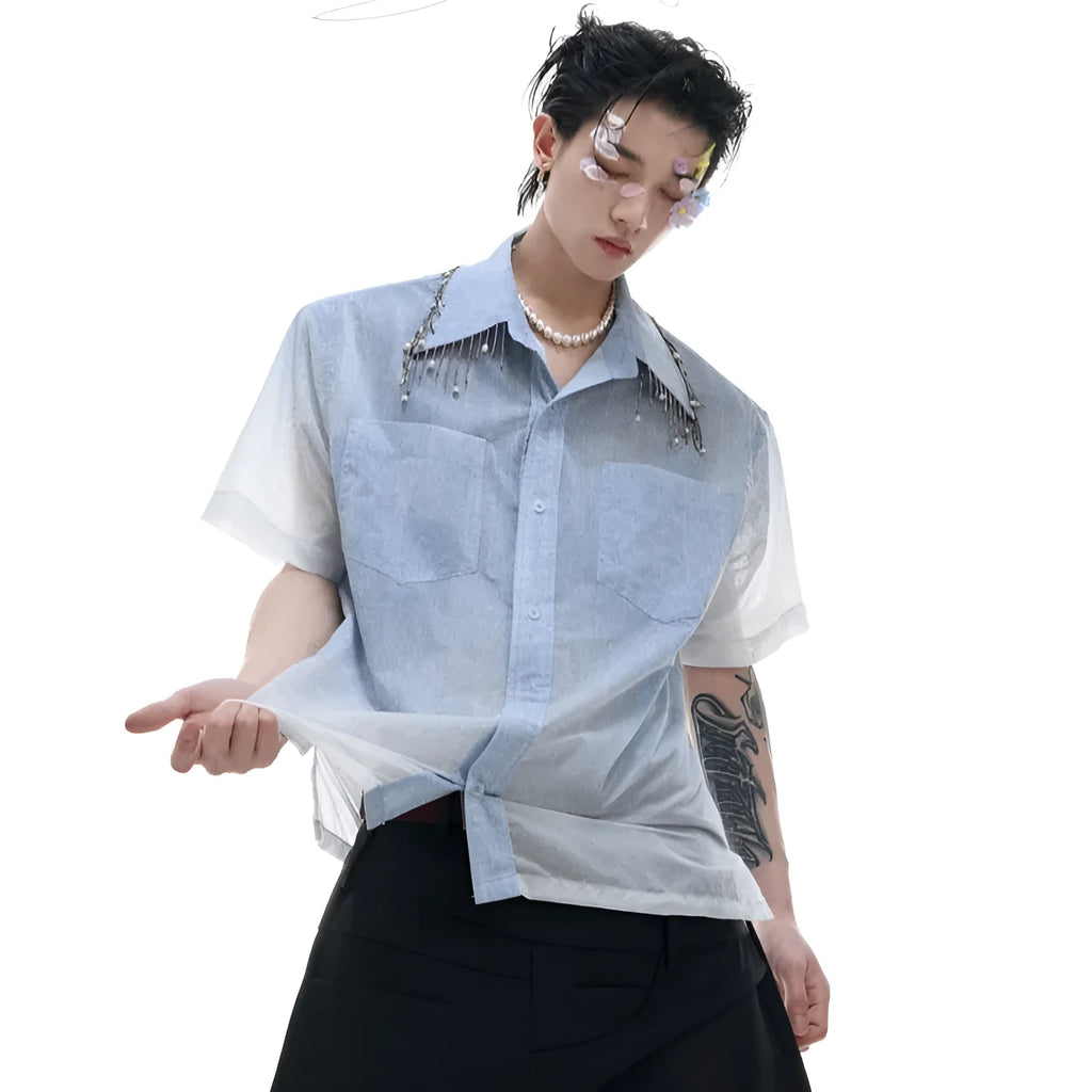 Blue and white gradient men's casual half-sleeve shirt with a loose fit
