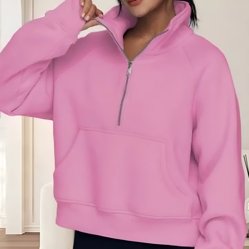 Women's loose lapel fleece-lined sweater in apricot colour with raglan sleeves