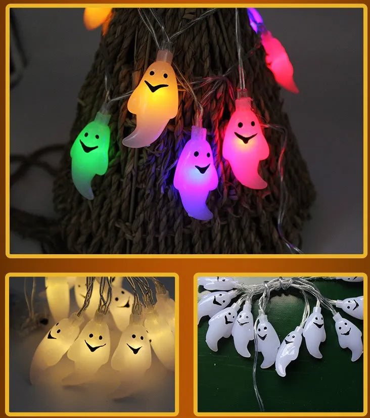 Halloween LED string lights with pumpkin, bat, and ghost decorations hanging on a wall