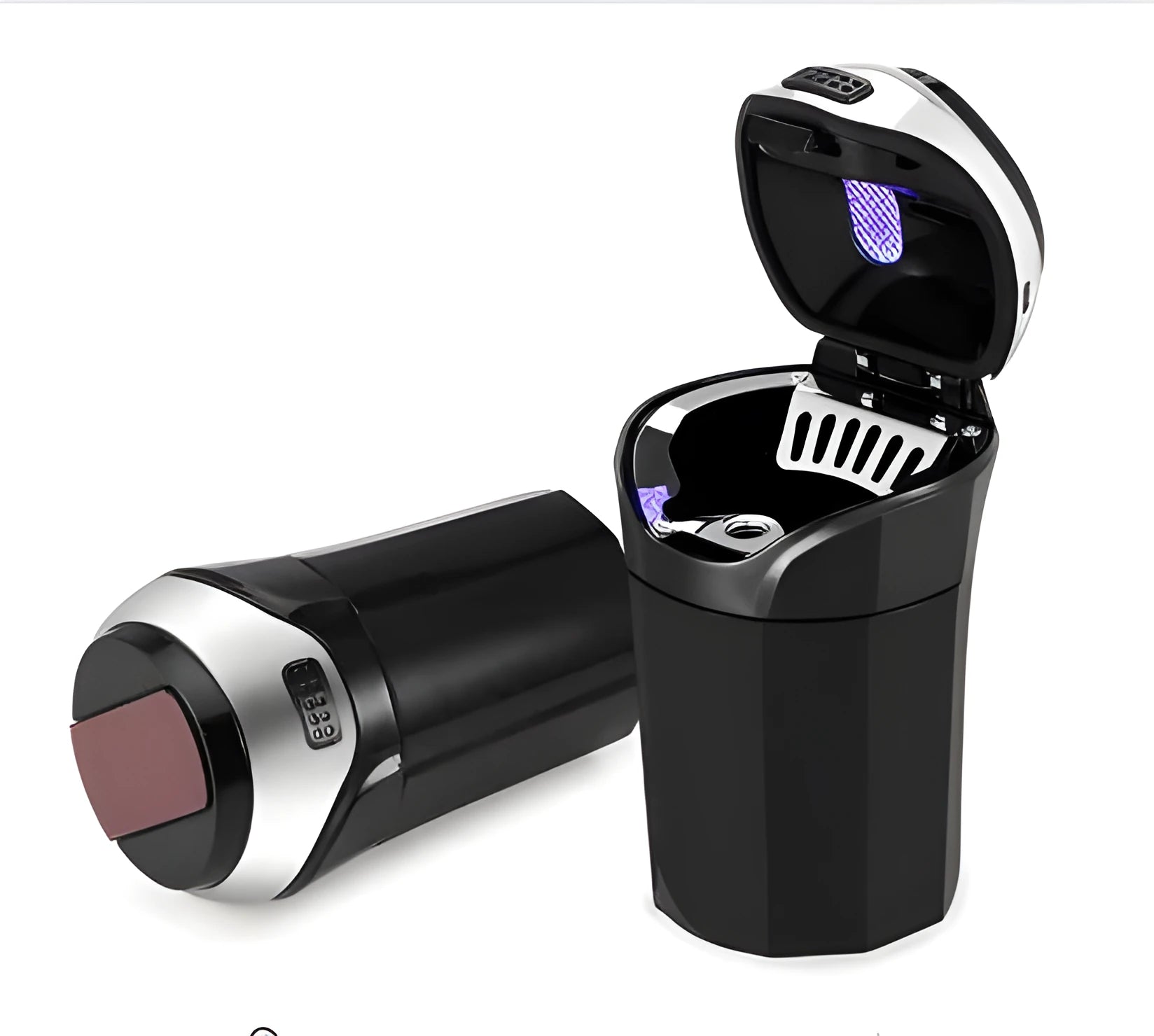 Car ashtray with blue LED light, ABS plastic body, stainless steel liner, and rechargeable cigarette lighter
